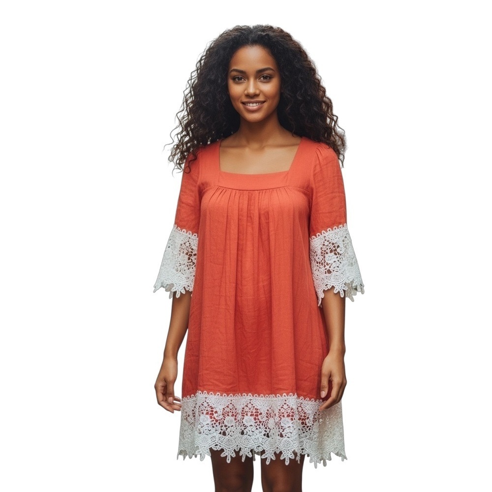 Umgee Square Neck Boho Gauzy Body Crochet Trim on Sleeves and Hem NWOT Size S/M 